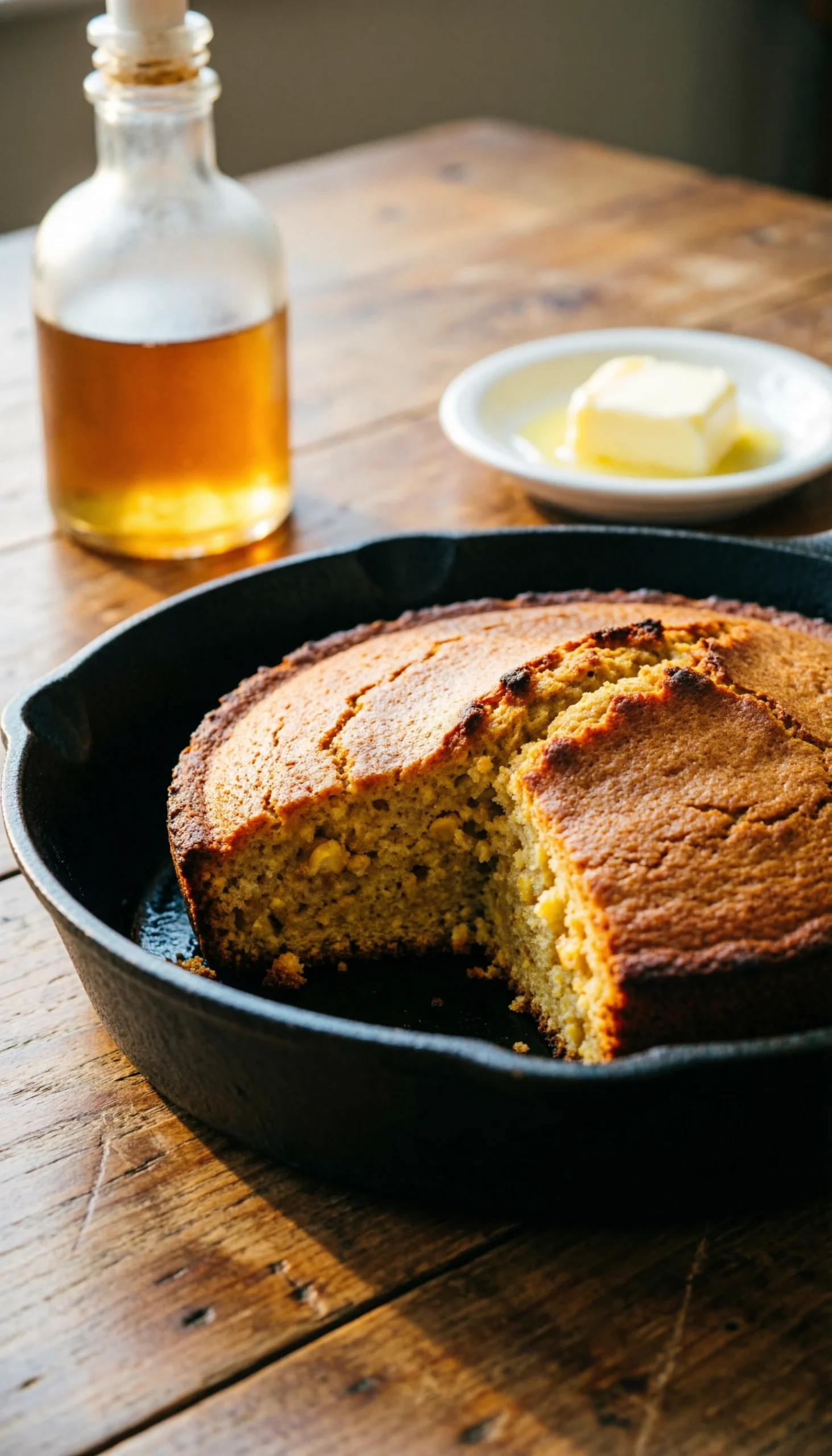Golden-brown vegan cornbread, freshly baked in a cast-iron skillet with one slice cut out, showcasing a moist, crumbly texture.