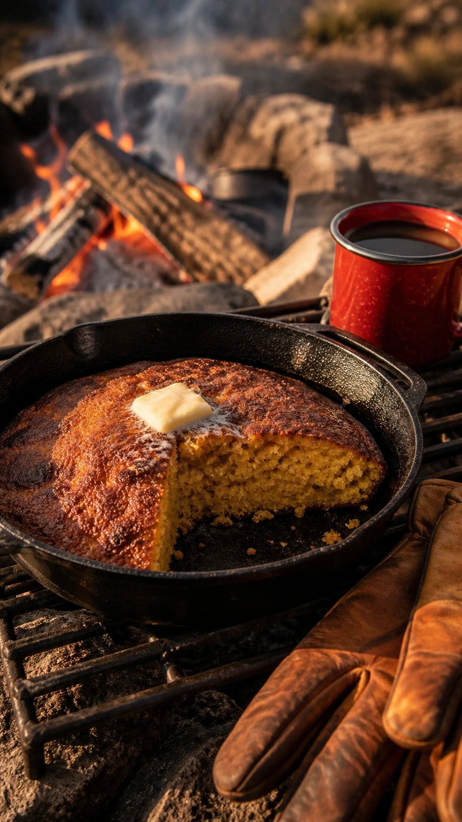 Golden campfire cornbread in a cast iron skillet with melting butter, sitting on a grate near a smoking fire ring.