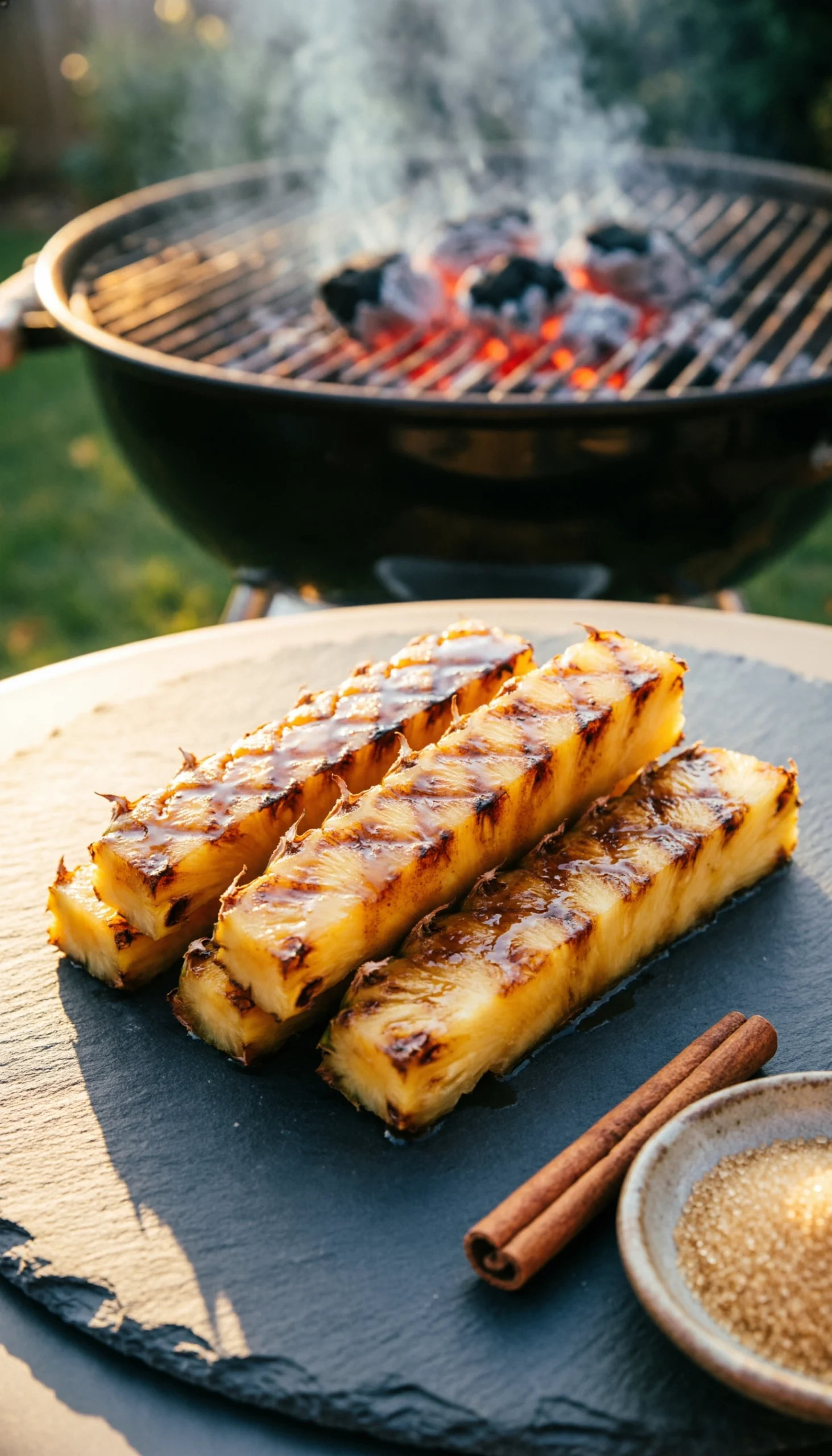 Golden caramelized grilled pineapple spears with a cinnamon sugar glaze served on a dark slate platter at sunset.