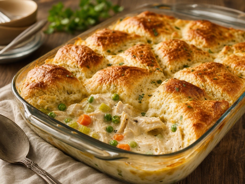 Golden chicken pot pie bubble bake with flaky biscuit topping and creamy vegetable filling in a glass dish.
