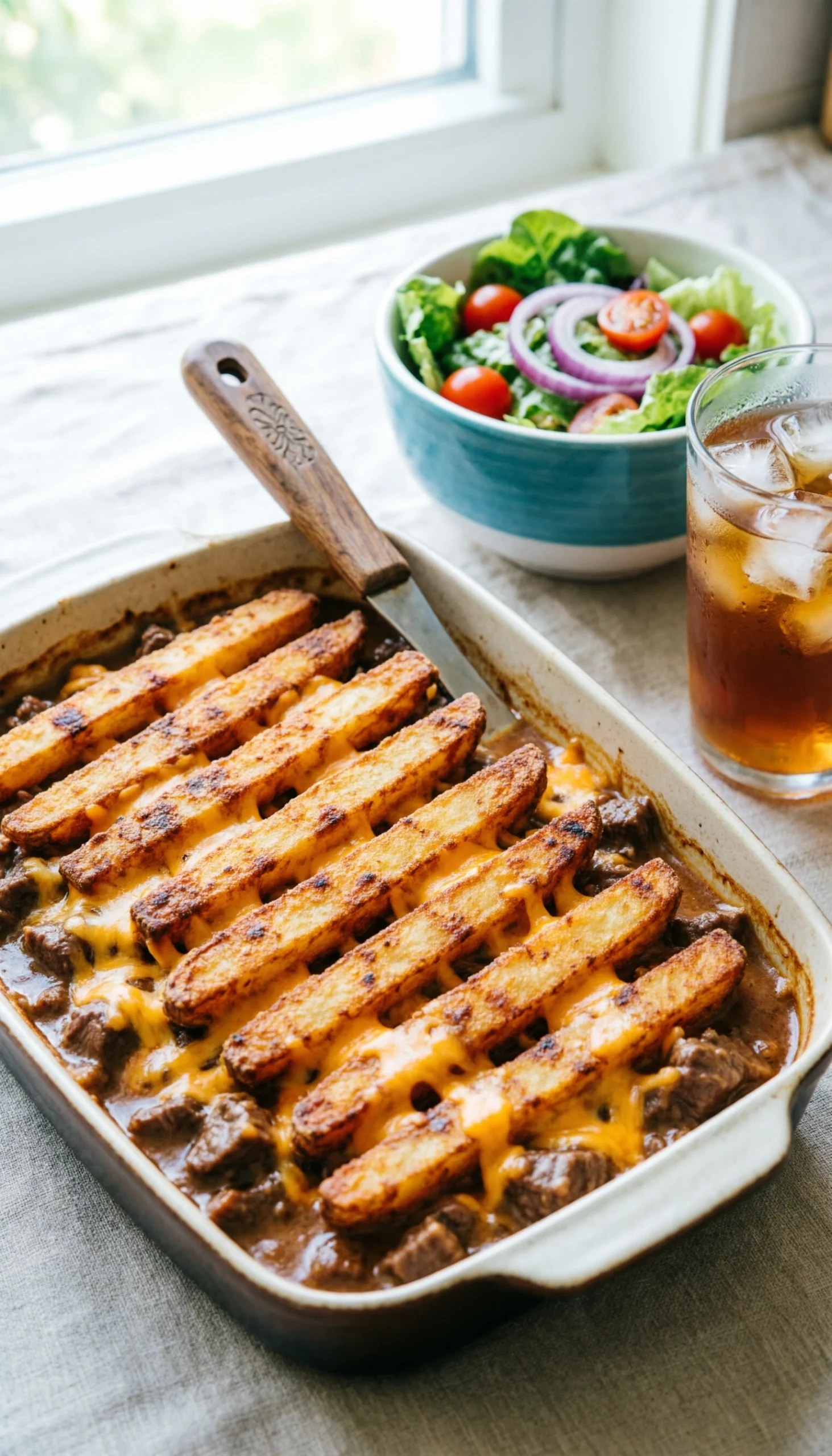 Golden crispy tater tot hobo casserole with creamy beef, melted cheese in a baking dish on a ceramic plate.