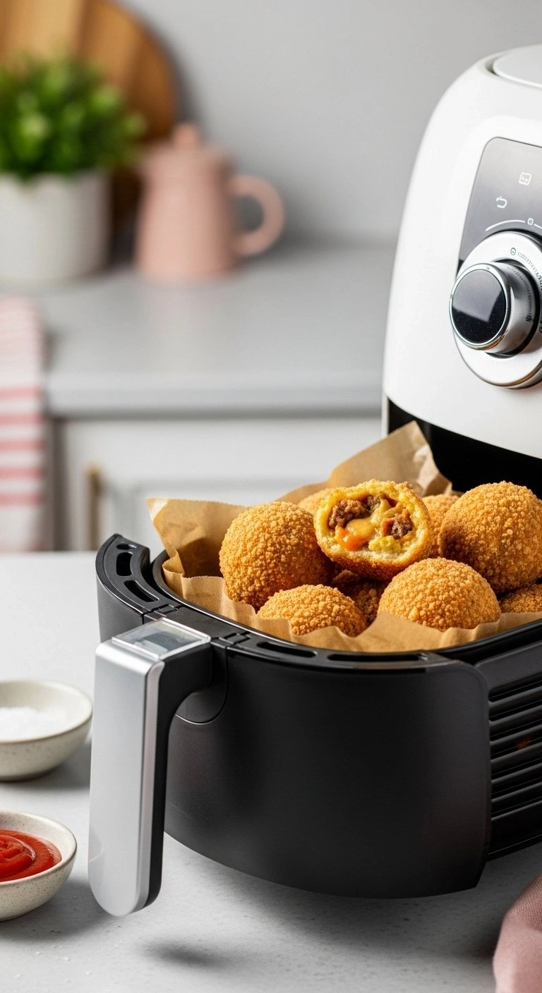 Golden-Crusted Air-Fried Cheeseburger Pizza Balls With A Blistered Exterior Sitting In A Modern Black Fryer Basket.