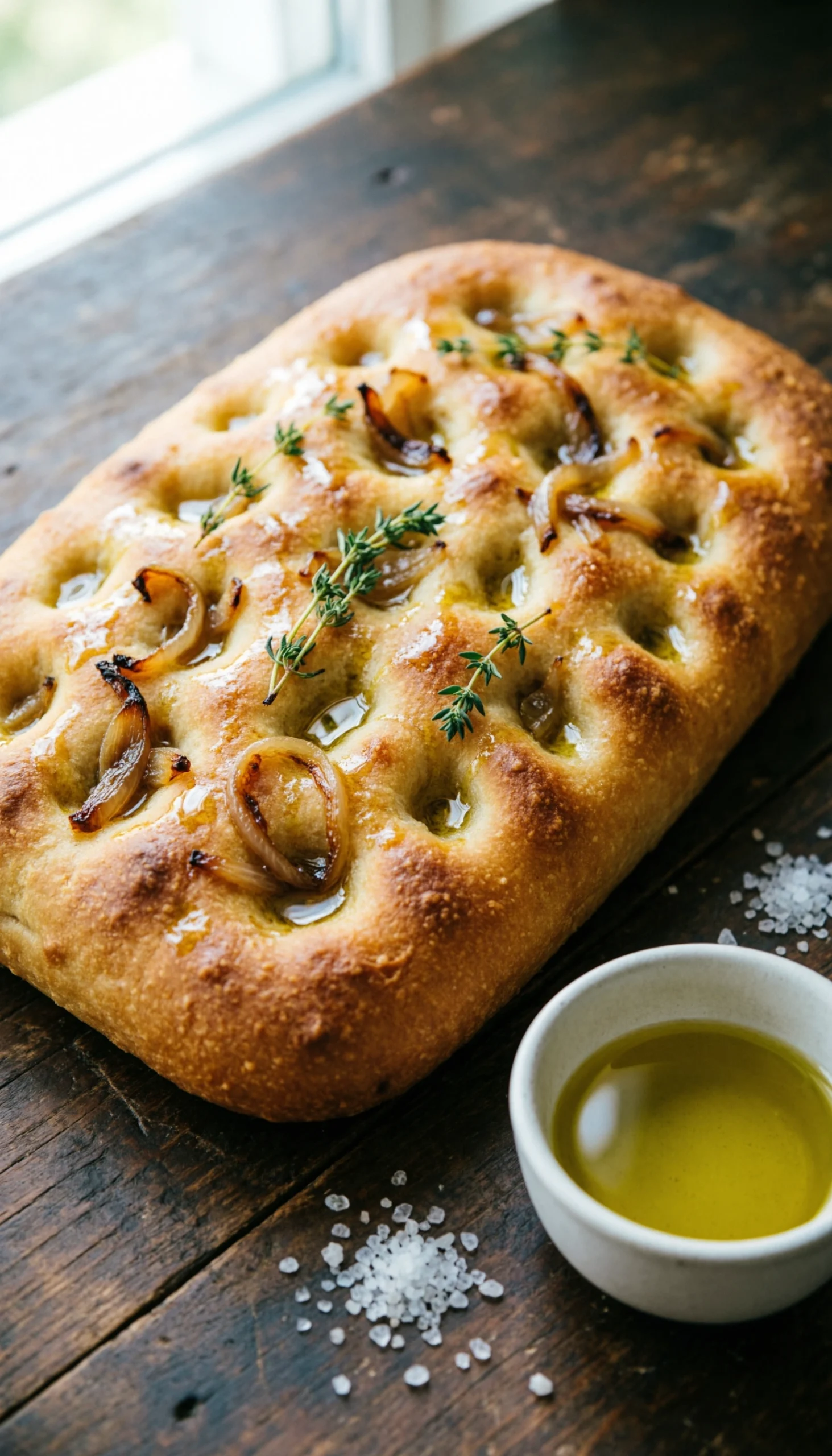 Golden-crusted focaccia bread with caramelized onions, fresh thyme, and olive oil dimples on a dark rustic surface.