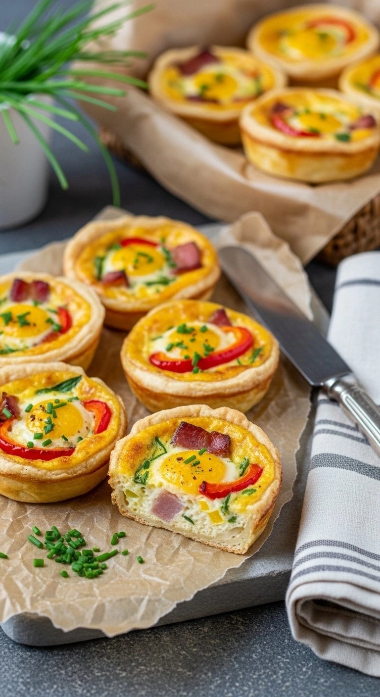 Golden Crustless Quiche Bites With Colorful Bell Peppers, Bacon, And Herbs On Parchment Paper For A Picnic Snack.