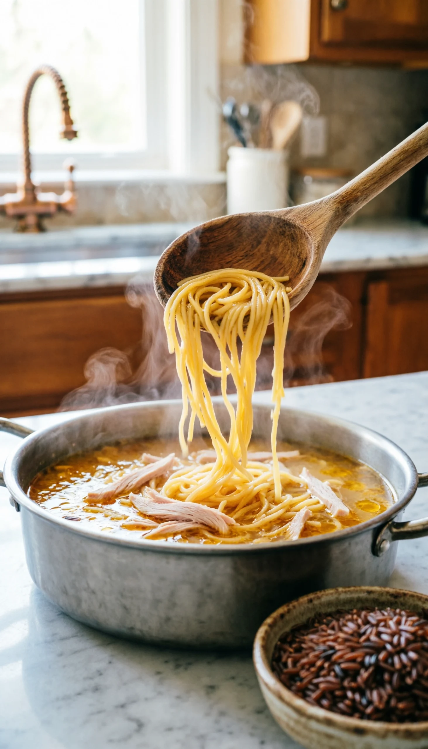Golden egg noodles falling from a wooden spoon into a steaming pot of homemade turkey soup on a marble countertop.