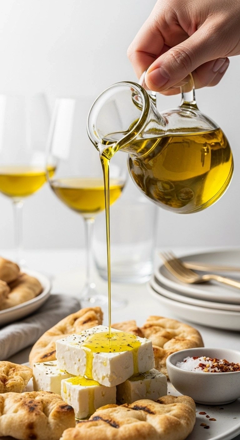 Golden Extra Virgin Olive Oil Pouring From A Glass Cruet Onto Fresh Feta Cheese And Toasted Pita On A Mezze Board.