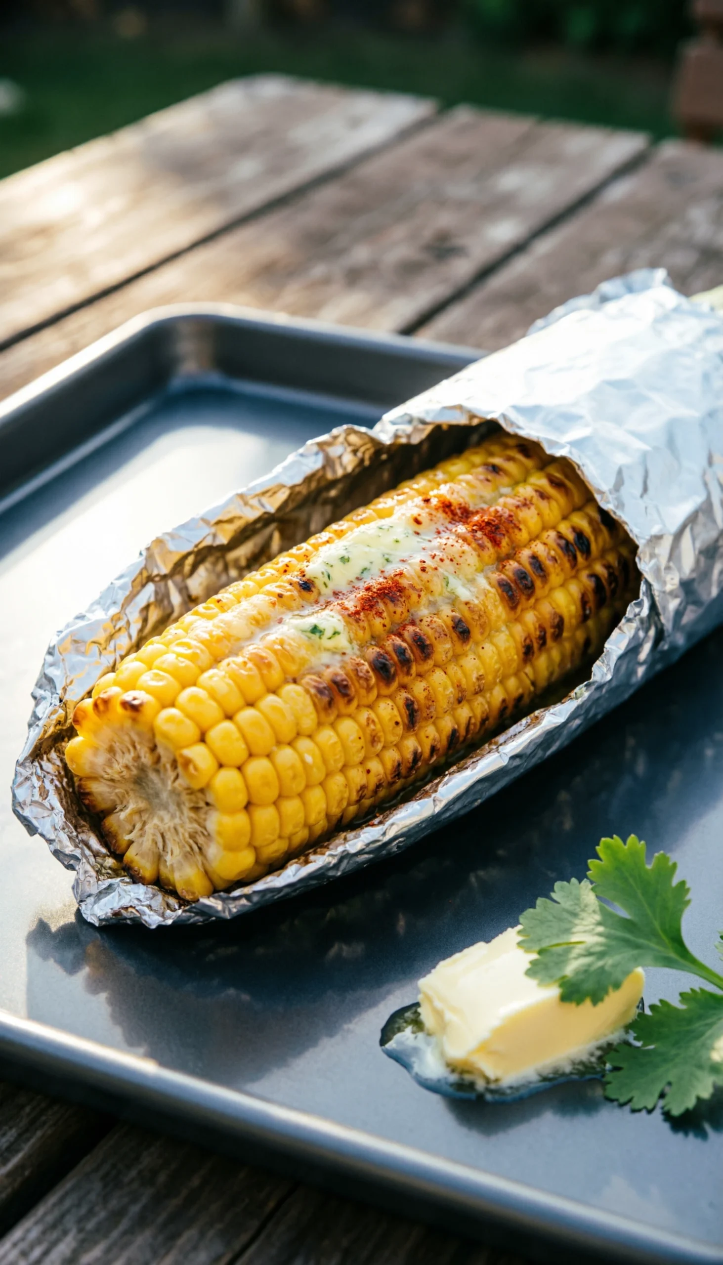 Golden Grilled Corn On The Cob, Partially Unwrapped From Foil, With Melted Herb Butter And Paprika On A Dark Griddle Surface.