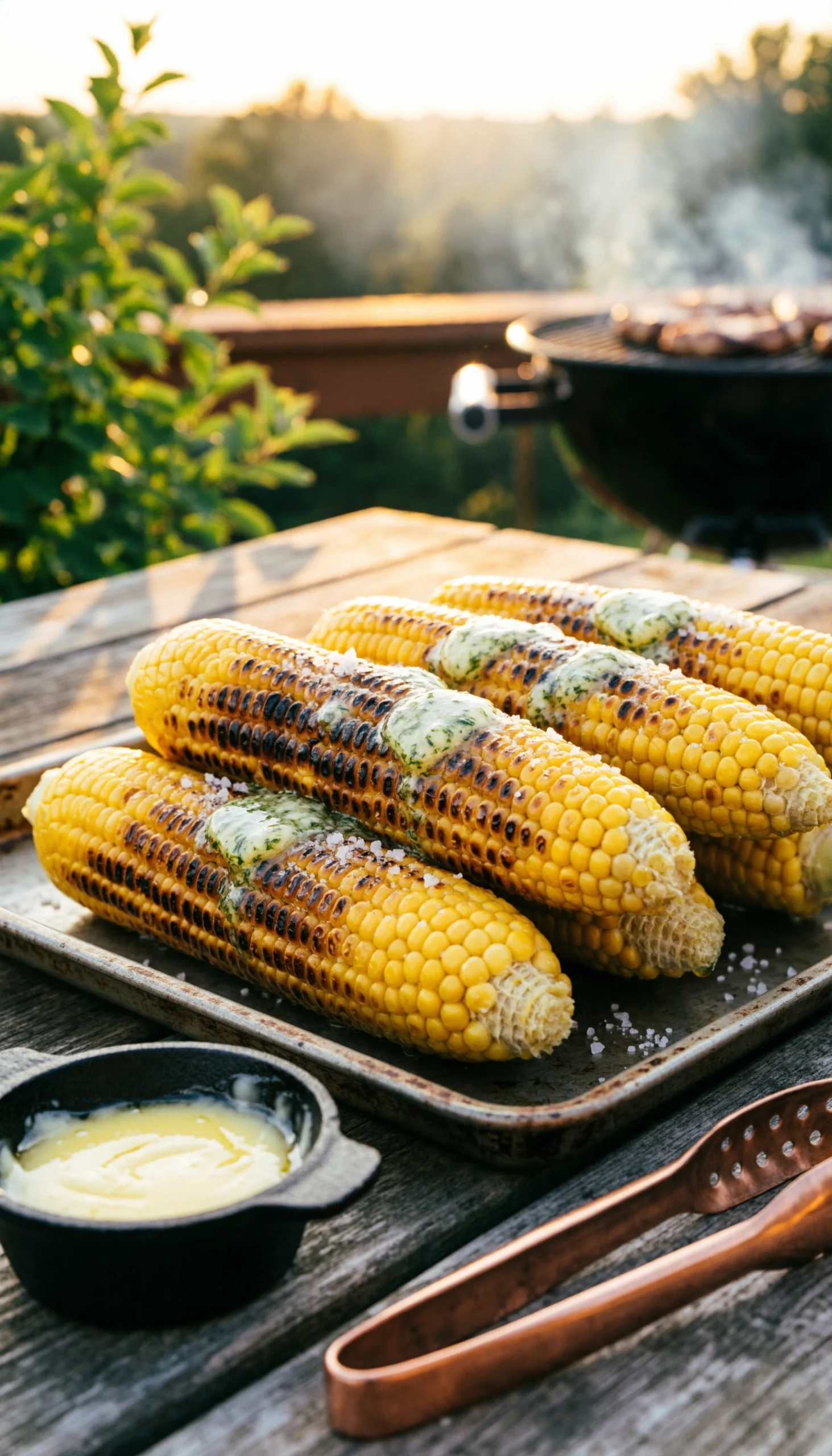 Golden grilled corn on the cob with char marks and melted herb butter on a rustic metal tray at a summer barbecue.