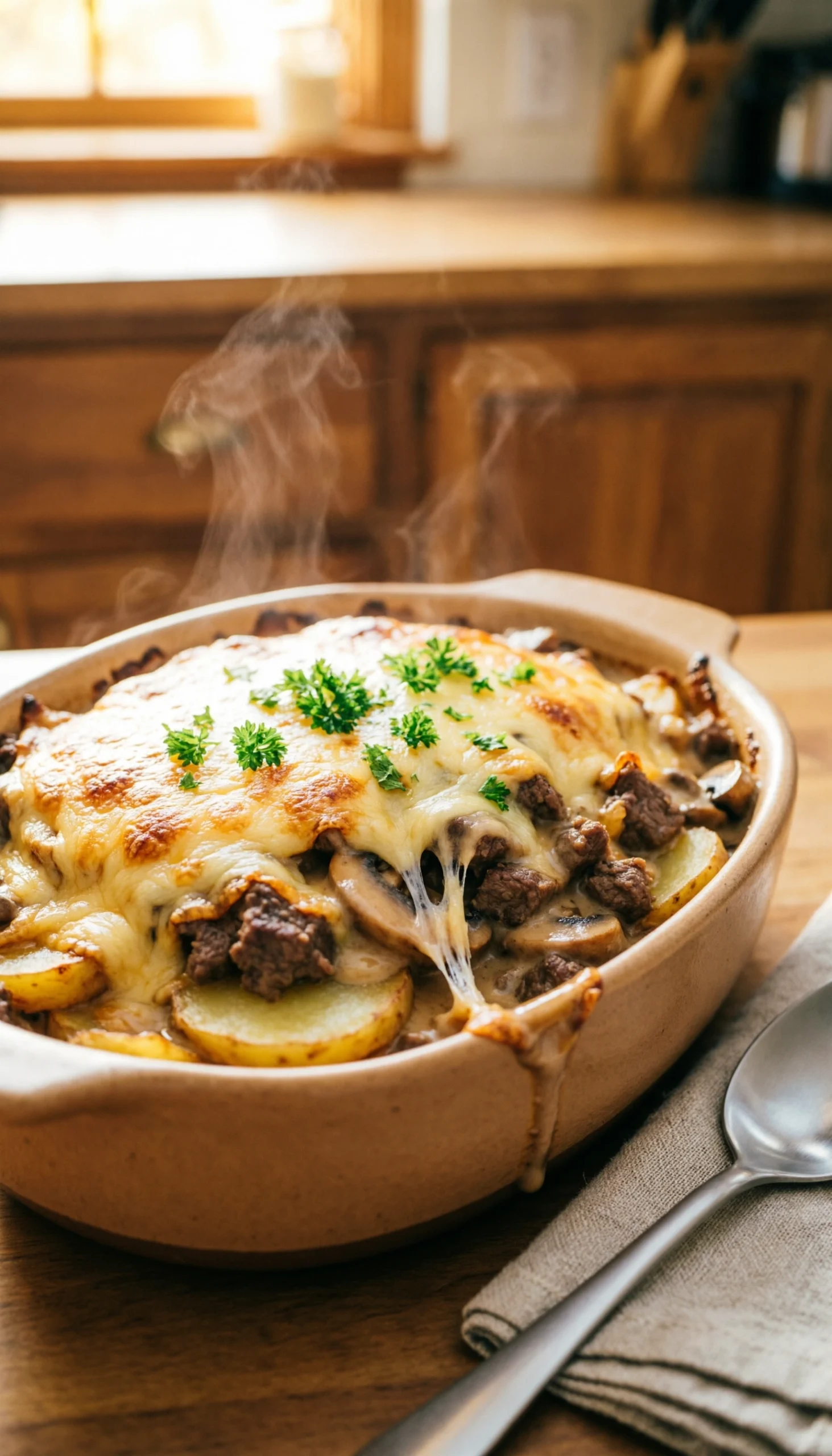 Golden hobo casserole with bubbling melted cheddar, ground beef, sliced potatoes, and creamy mushroom sauce in a rustic ceramic dish.