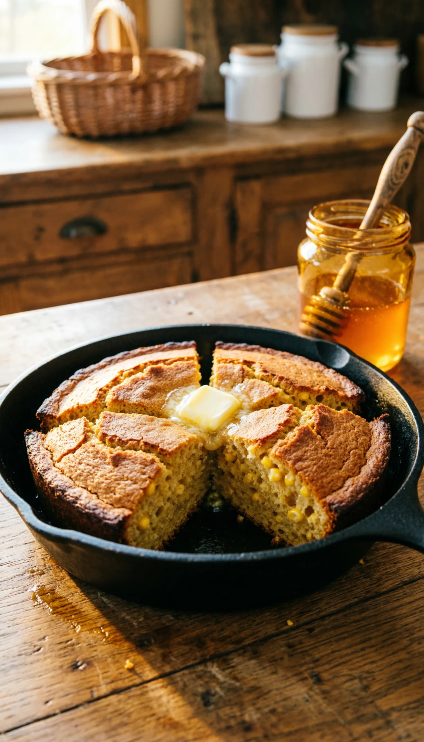 Golden honey cornbread with melting butter in a cast iron skillet on a rustic wooden table in a farmhouse kitchen.