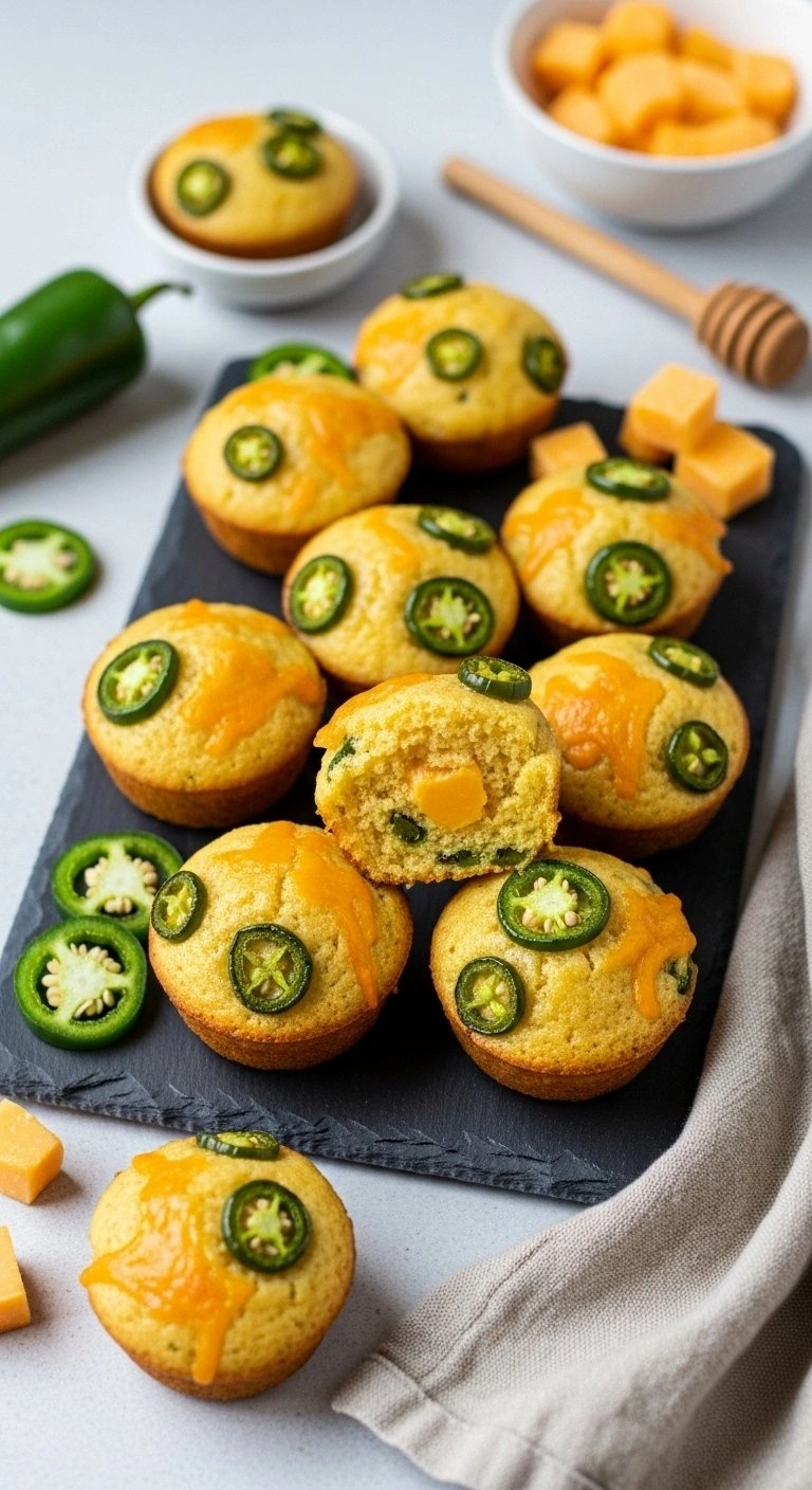 Golden Jalapeño Cheddar Cornbread Bites With Vibrant Green Flecks And Melted Cheese Glisten With Honey On A Slate Board.