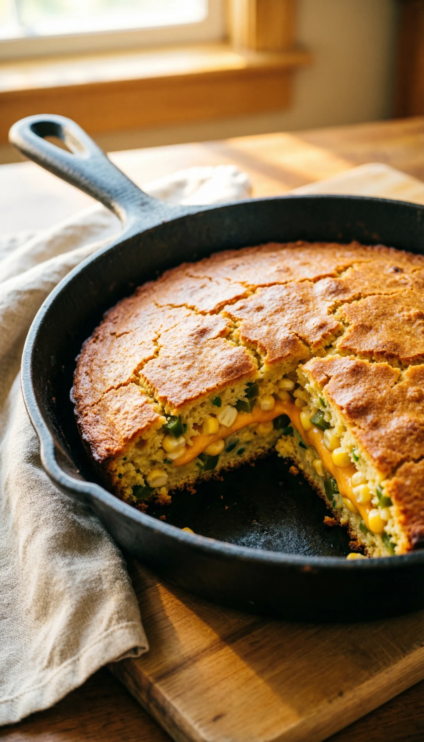 Golden jalapeño cheddar cornbread in a cast iron skillet served on a rustic wooden cutting board with a napkin.
