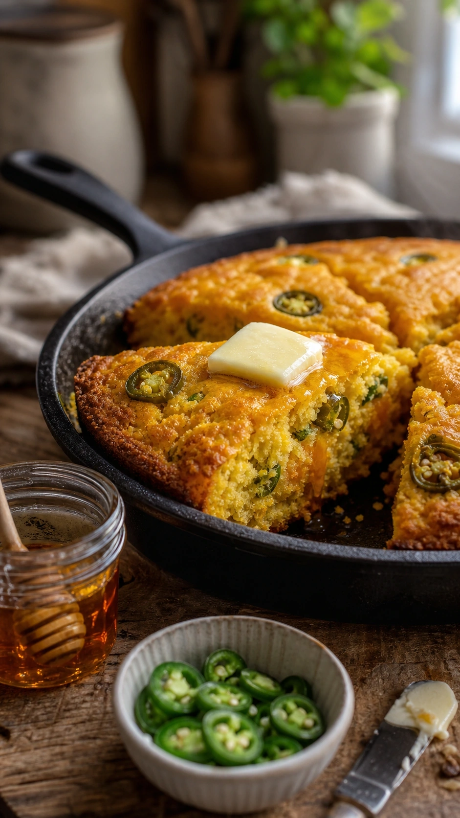 Golden jalapeño cheddar cornbread in a cast iron skillet, steaming with melting butter on a rustic wooden table.