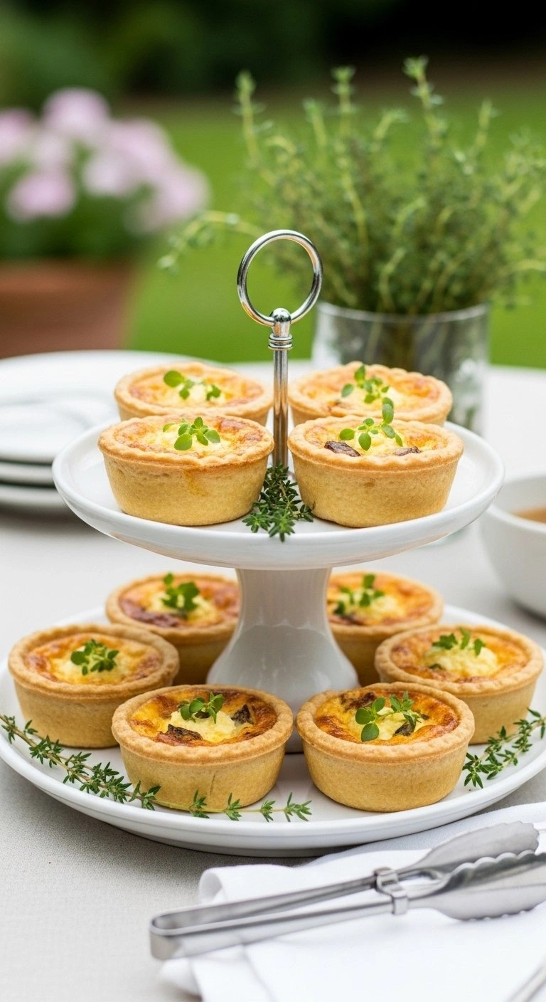 Golden Mini Quiches Garnished With Fresh Herbs Served On An Elegant Tiered Ceramic Stand For An Outdoor Brunch.