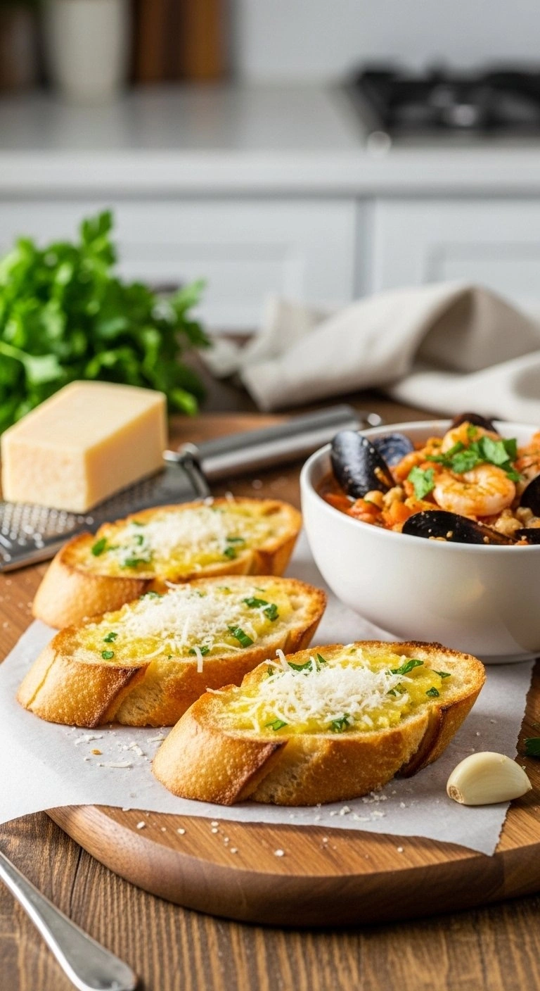 Golden Parmesan Garlic Toast Dippers Served On A Wooden Board Next To A Creamy Bowl Of White Seafood Chili.