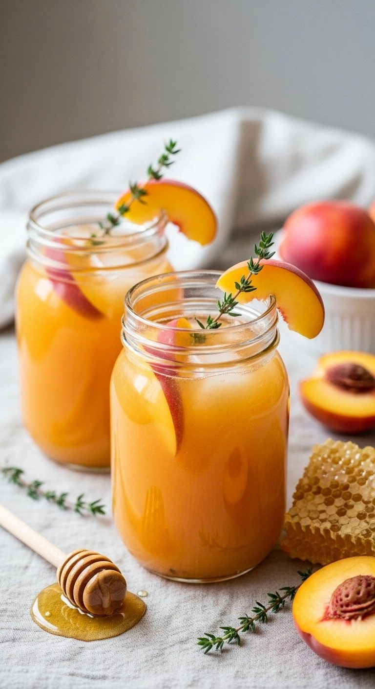 Golden Peach Lemonade In Mason Jars With Fresh Peach Slices And Thyme Sprigs On A Rustic Linen Tablecloth.
