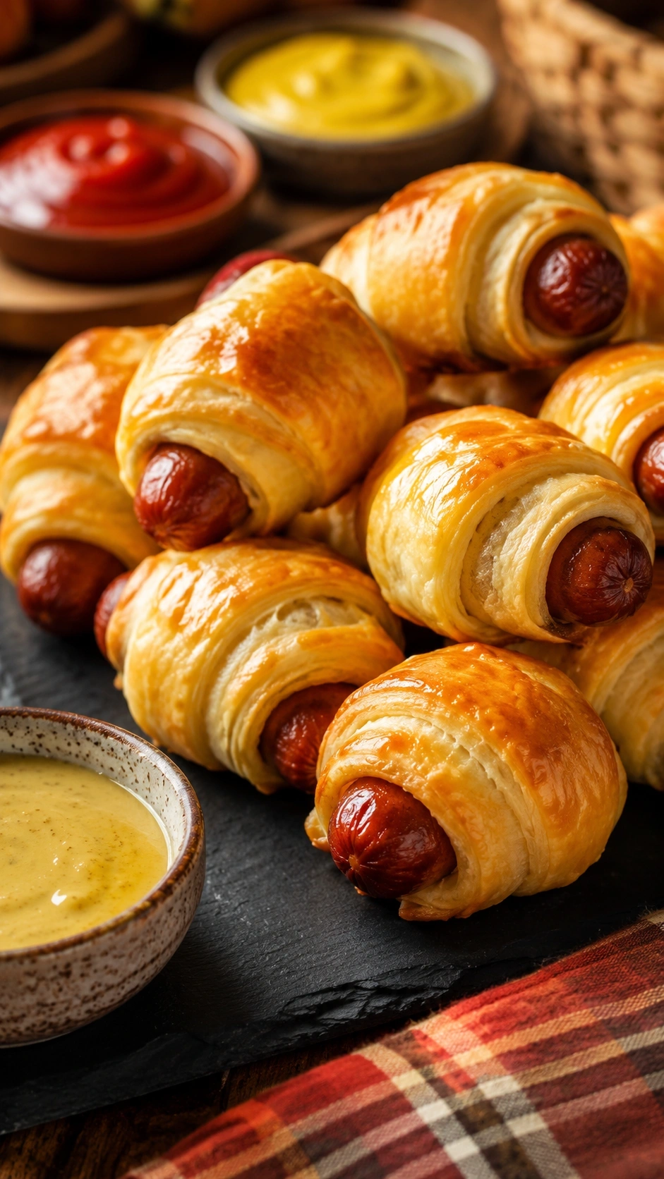 Golden pigs in a blanket made with mini sausages and crescent rolls on a slate board for a kid friendly bbq side dish.