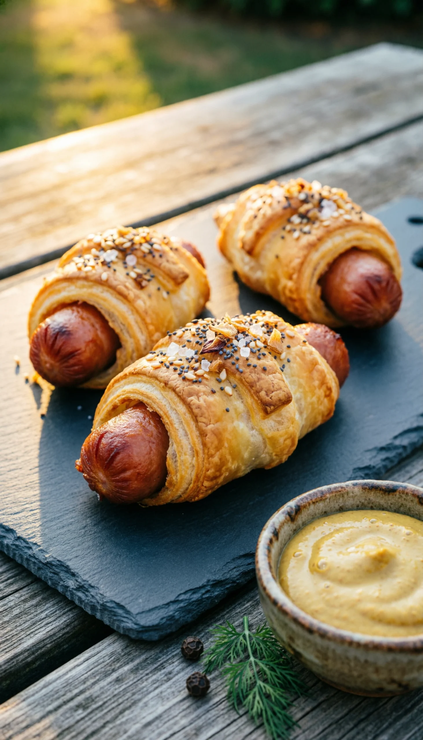 Golden pigs in a blanket with everything bagel seasoning served on a slate board with a side of stone-ground mustard.
