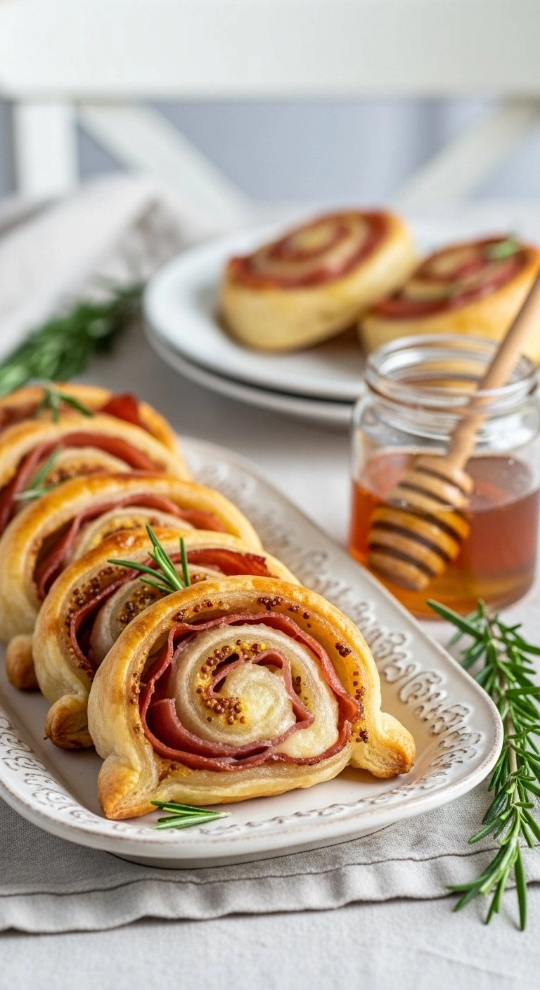 Golden Prosciutto And Honey Mustard Puff Pastry Pinwheels With Fontina Cheese And Rosemary On A Ceramic Platter.