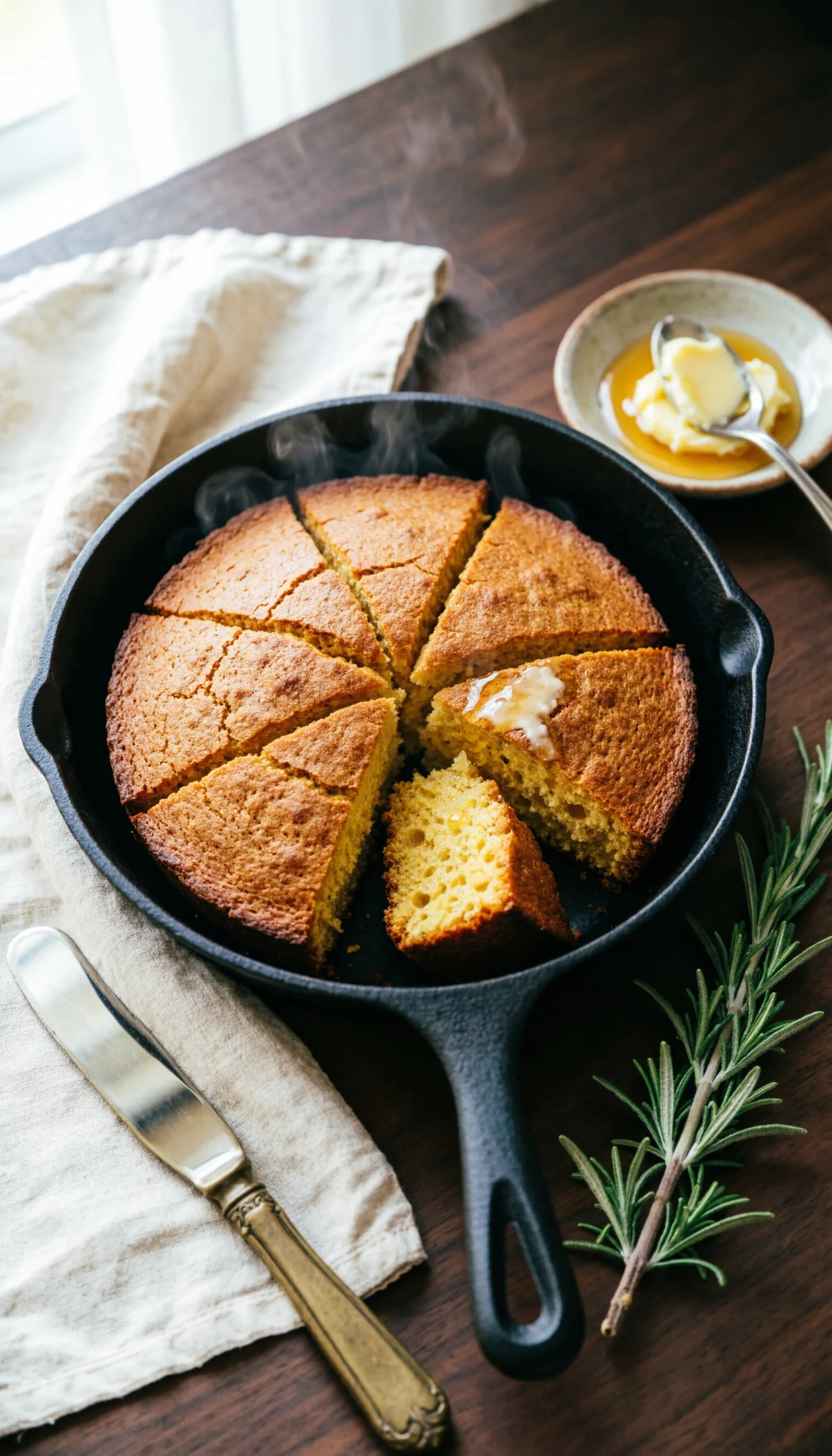 Golden, rustic skillet cornbread, cut into wedges, with a slice showing its steamy interior and melting honey butter.