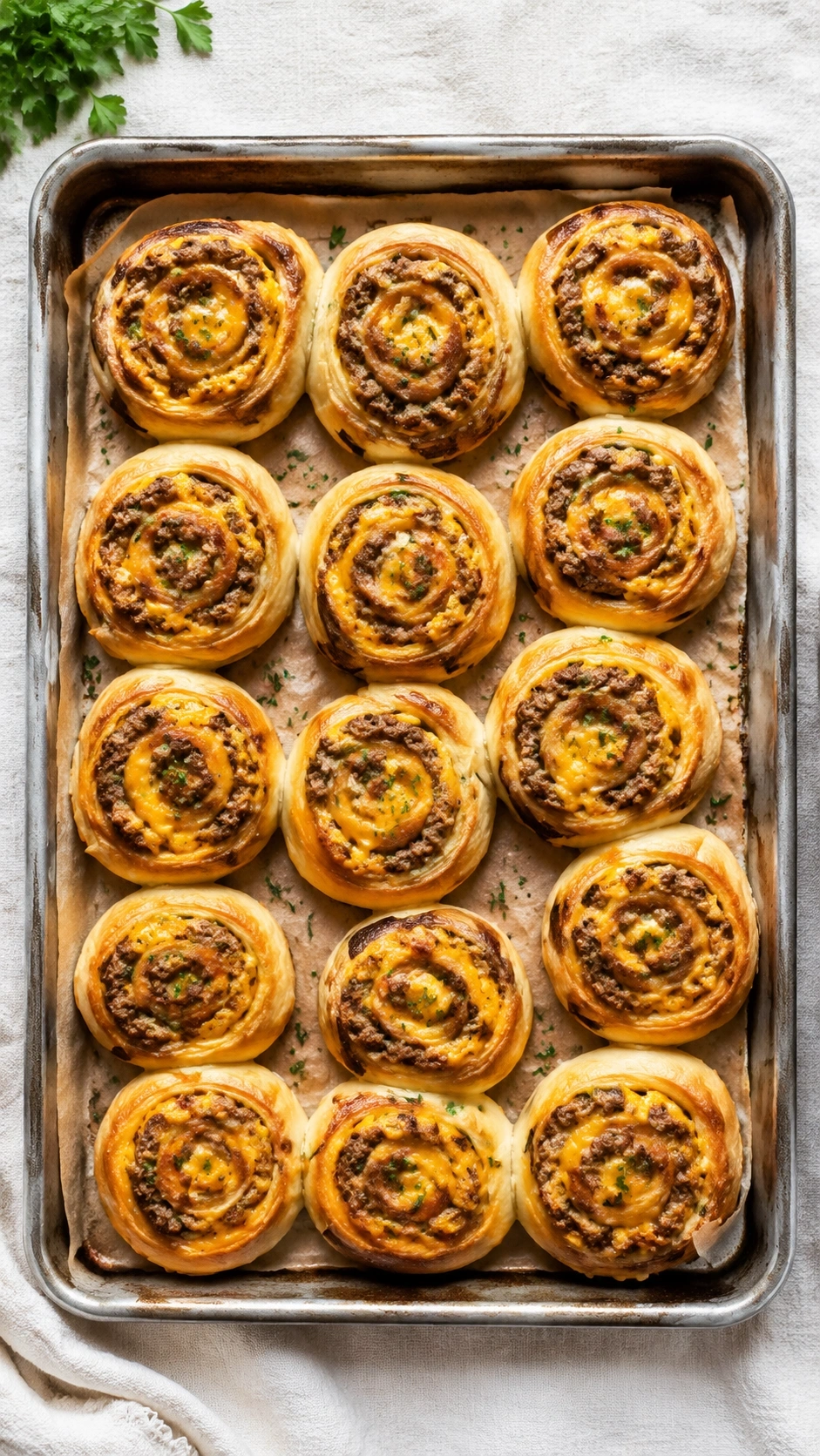 Golden sausage and cheese pinwheels made with flaky crescent dough on a baking sheet with fresh parsley garnish.