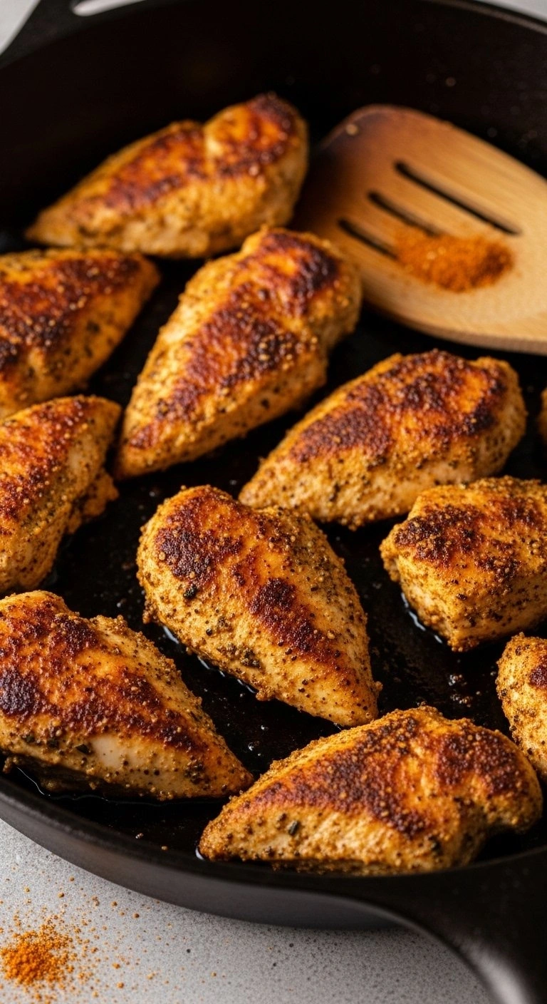 Golden-Seared Chicken Breast Pieces With Dark Cajun Spice Crust Sizzle In A Black Cast Iron Skillet, Ready For Dinner.