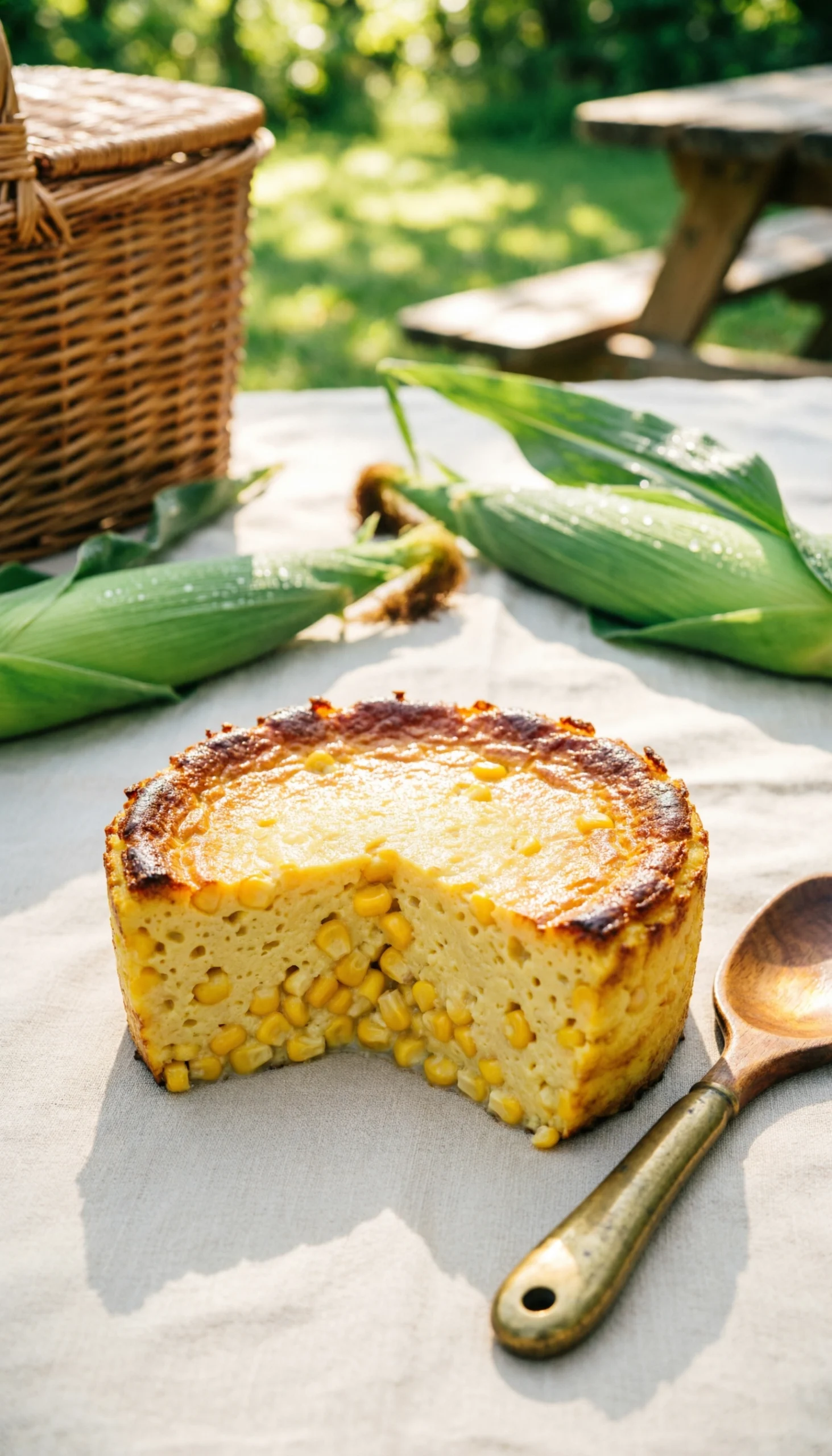 Golden-yellow slow cooker corn pudding with a fluffy interior on a linen tablecloth for an outdoor picnic setting.
