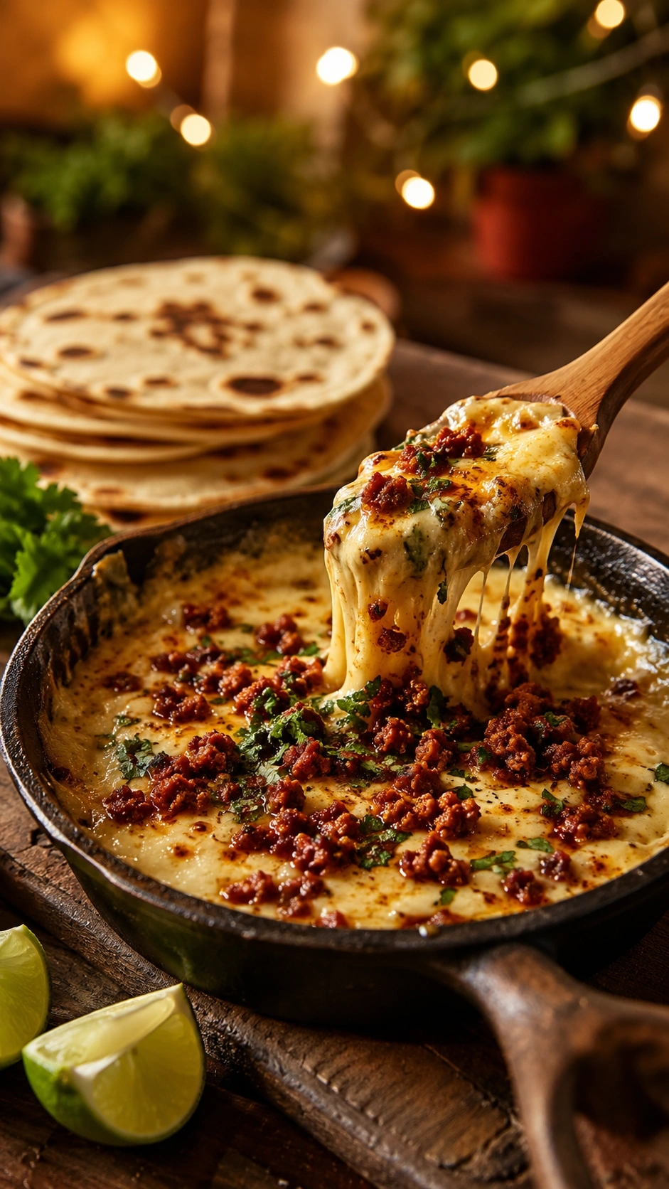 Gooey warm queso fundido with bubbling cheese and spicy chorizo in a cast iron skillet, served with tortillas.
