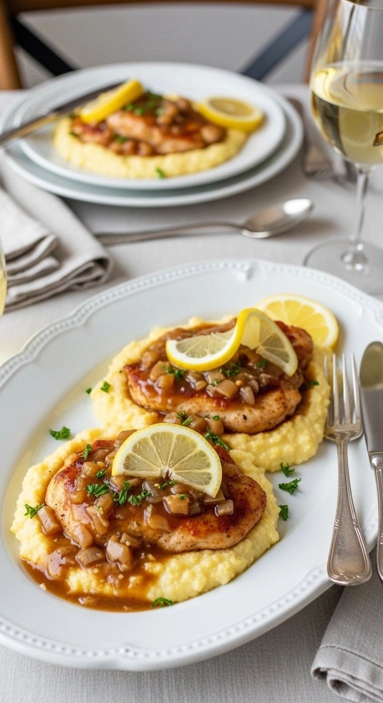 Gourmet Chicken Saltimbocca Served Over Creamy Polenta With Lemon Wedges And Pan Sauce On A White Platter.