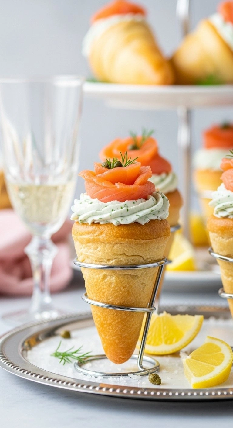 Gourmet Smoked Salmon And Herb Cream Cheese Bread Cone With Capers On A Silver Tray For An Elegant Brunch Party.