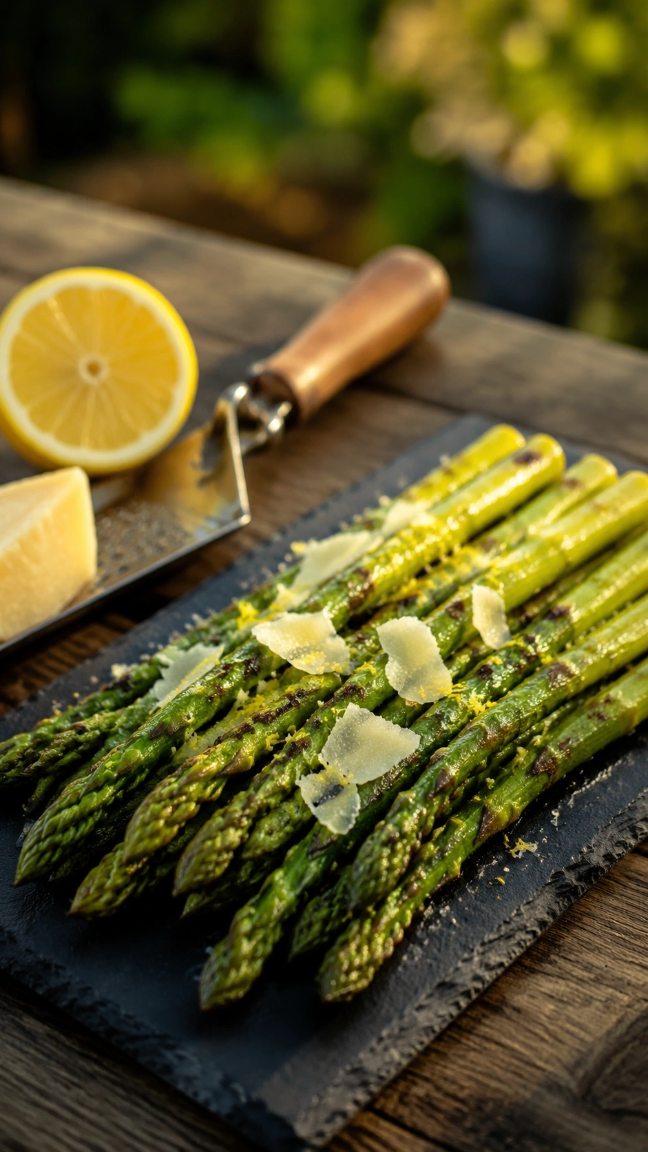 Grilled asparagus spears with char marks, lemon zest, and shaved Parmesan on a rustic slate platter outdoors.