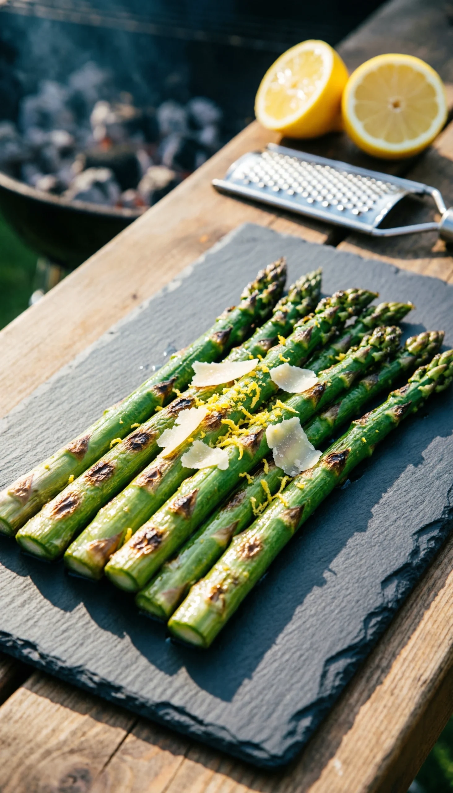 Grilled asparagus spears with lemon zest and parmesan cheese on a dark slate platter next to a grill in soft focus.