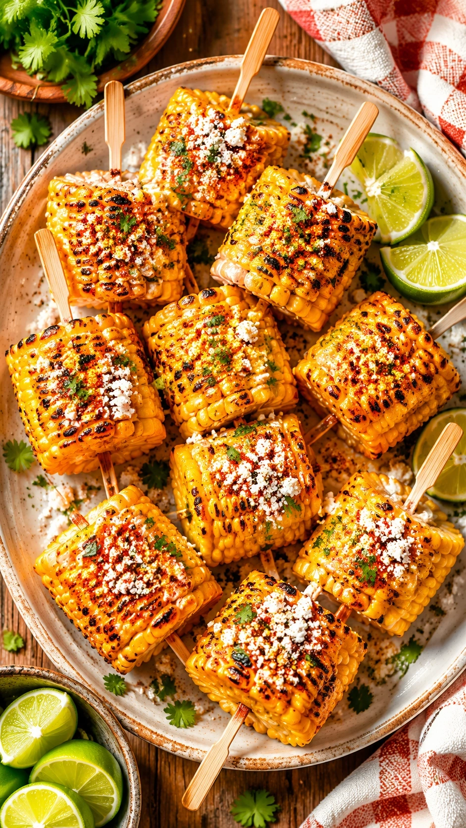 Grilled corn on the cob bites with cotija cheese and cilantro served with lime wedges on a vintage ceramic plate.