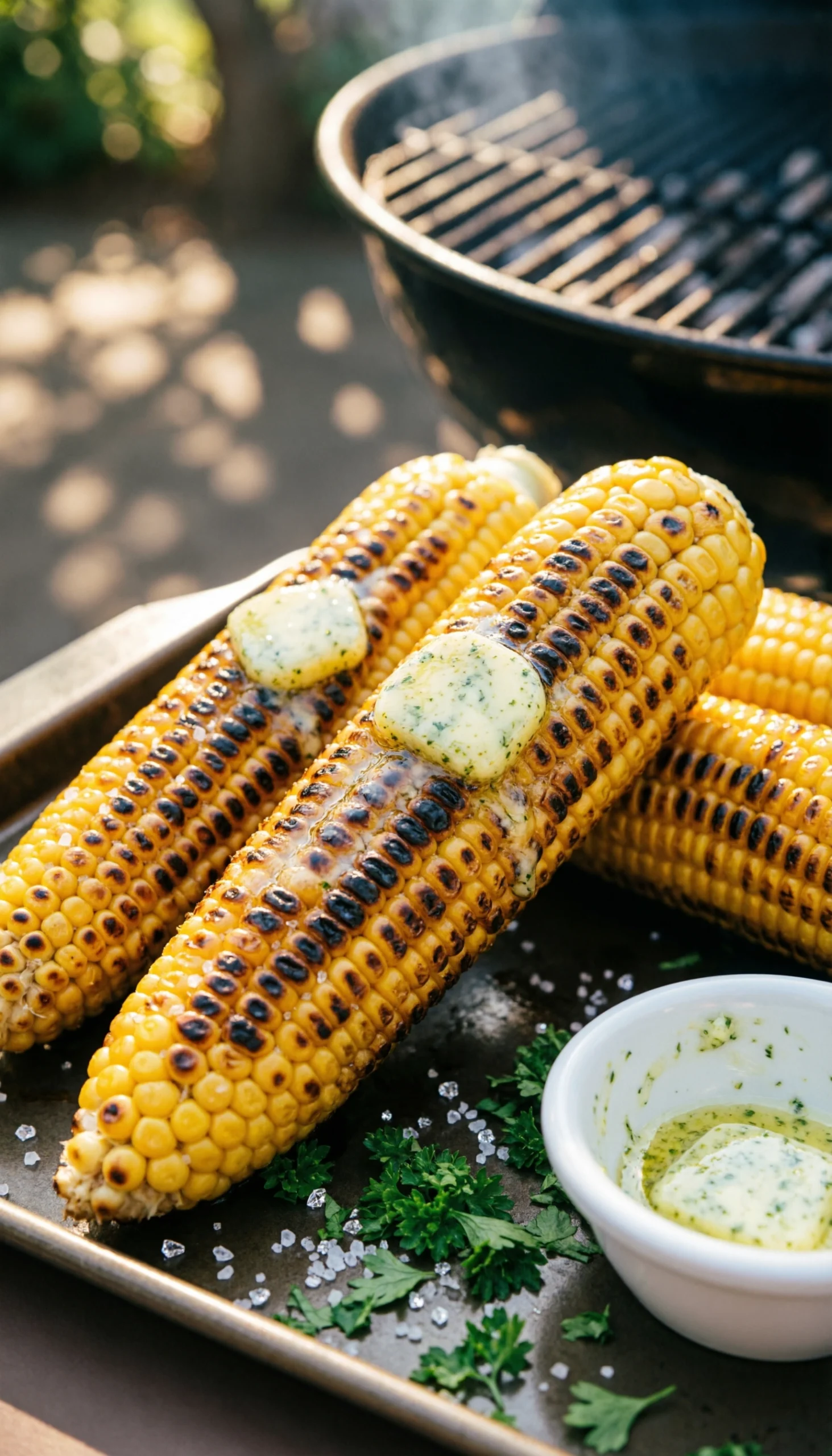 Grilled corn on the cob with char marks and herb butter on a dark metal tray for a summer backyard BBQ.