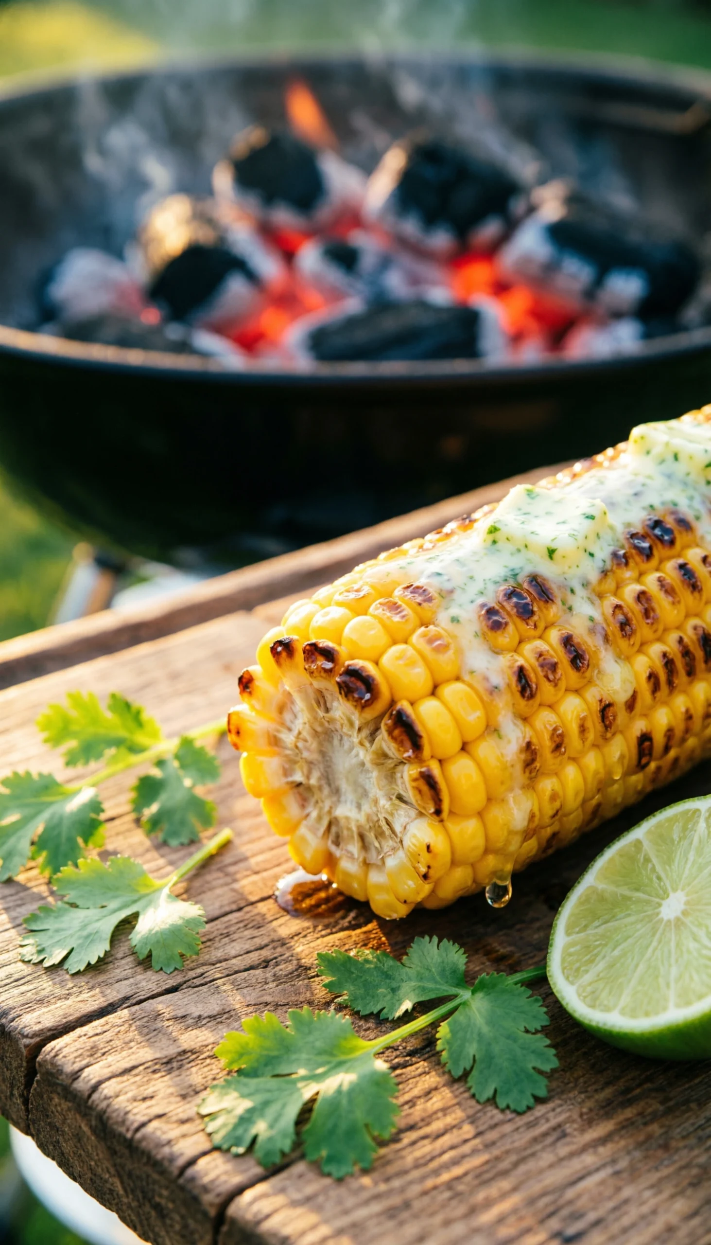 Grilled corn on the cob with char marks and melting dairy-free lime-herb butter on a rustic wooden platter.