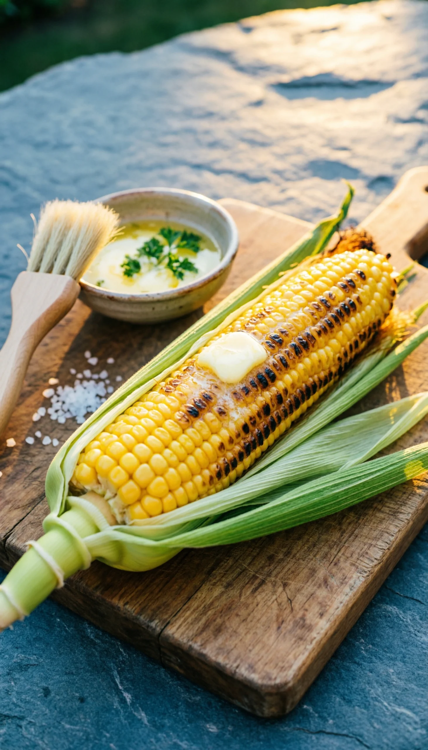 Grilled corn on the cob with charred husks and melting herb butter on a rustic wooden cutting board for a summer barbecue.