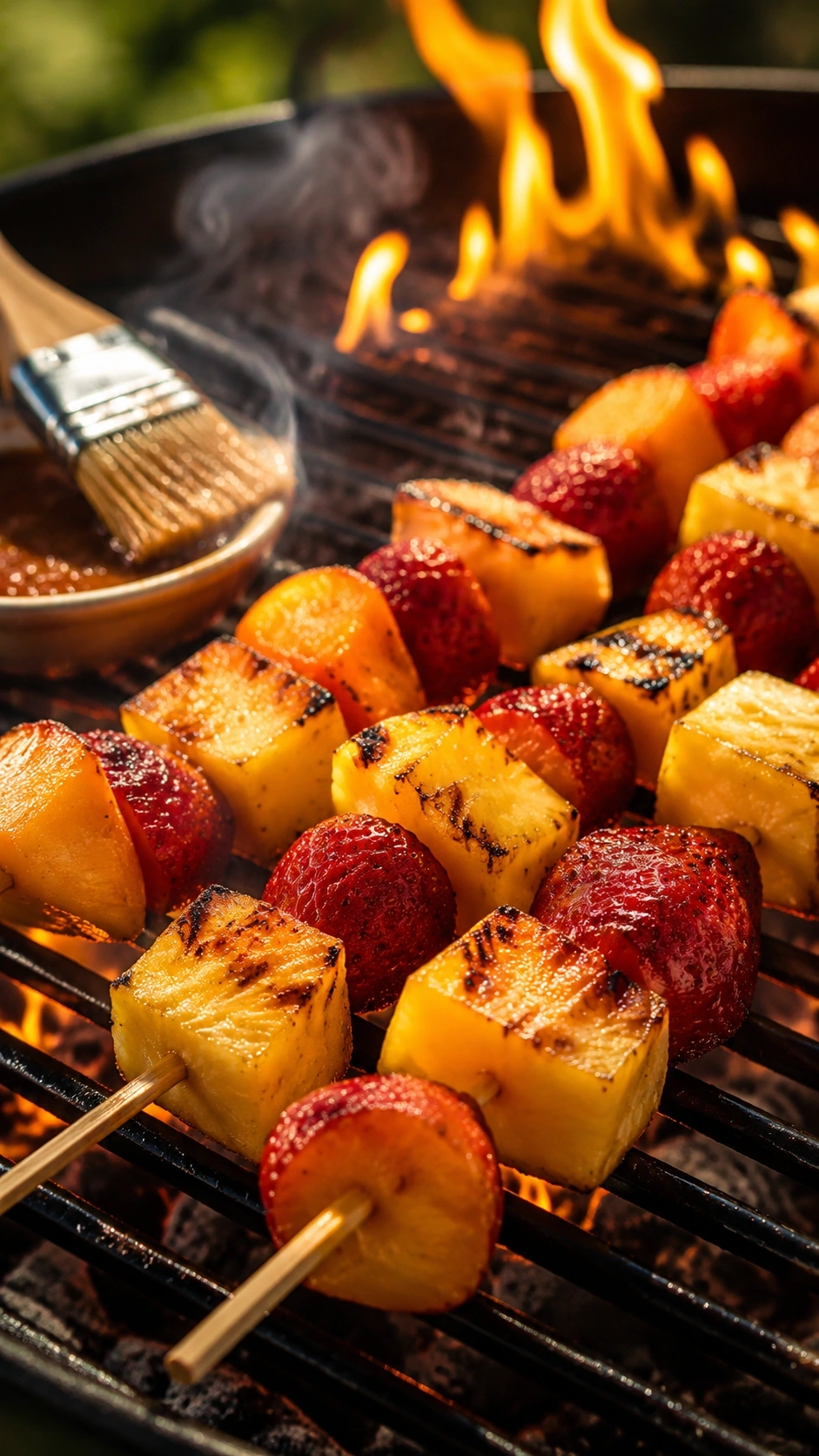 Grilled fruit kebabs with pineapple, peaches, and strawberries charred over a barbecue during golden hour.