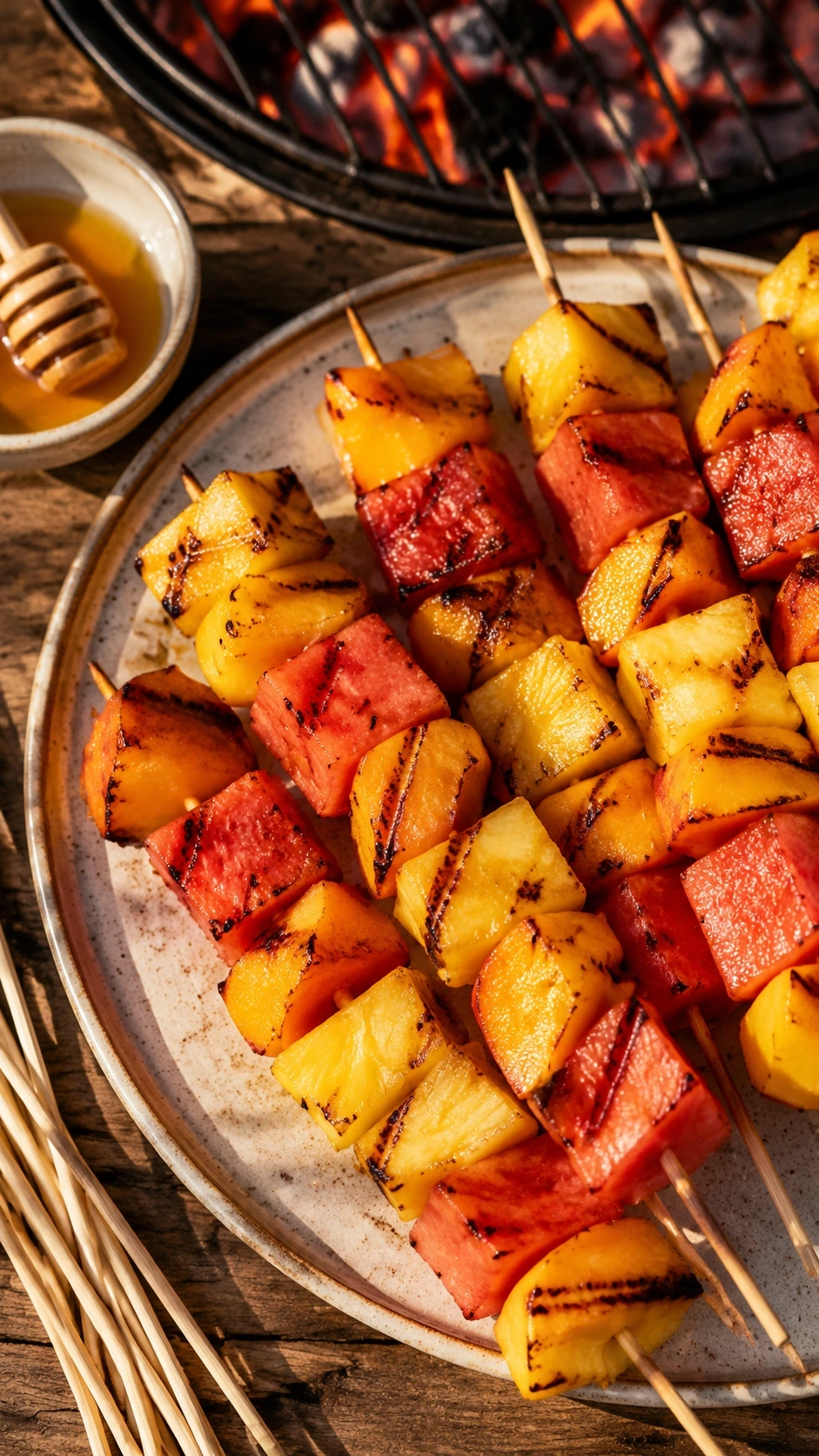 Grilled fruit skewers with charred pineapple, peaches, and watermelon served on a rustic wooden table outdoors.