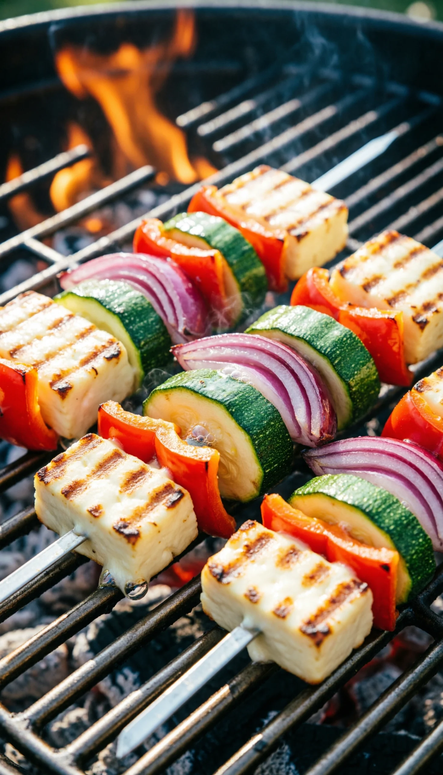 Grilled halloumi cheese and vegetable skewers with bell peppers and zucchini on a hot grill grate during a sunny day.