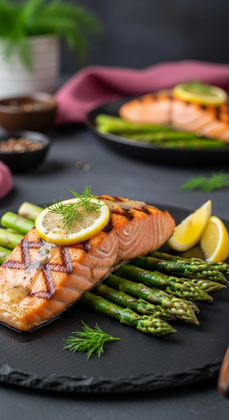 Grilled Salmon Fillet With Lemon-Dill Sauce And Roasted Asparagus On A Dark Slate Plate With Fresh Lemon And Dill.