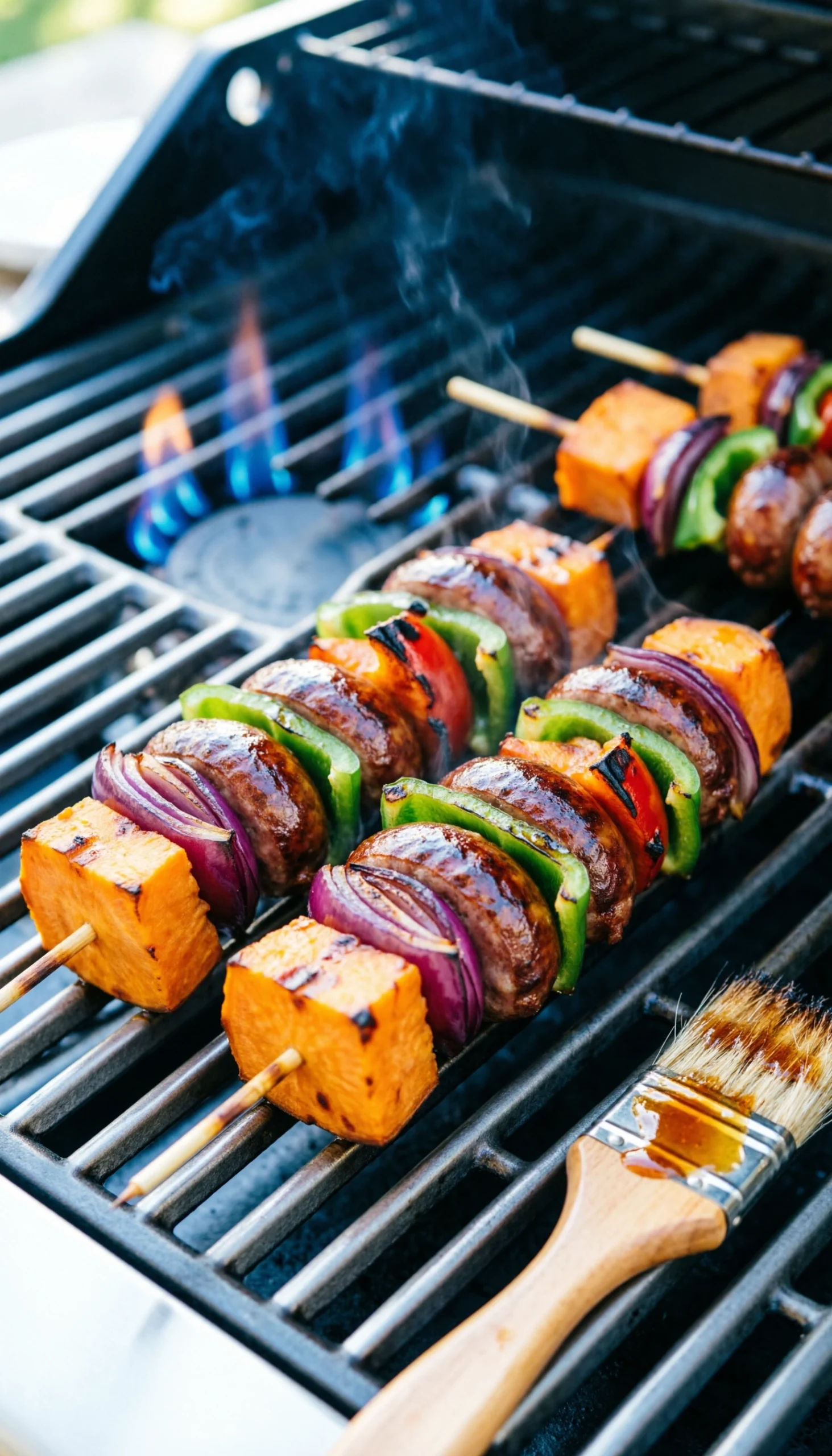 Grilled sweet potato and smoked sausage kebabs with bell peppers and onions on a gas grill with char marks.