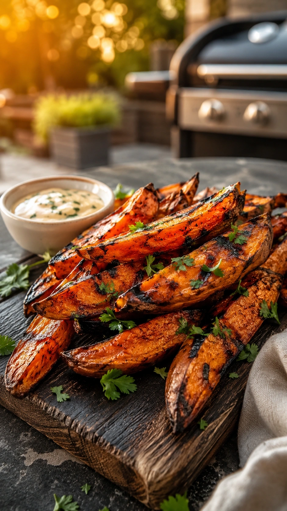 Grilled sweet potato wedges with char marks on a wooden platter served with aioli and fresh cilantro garnish.