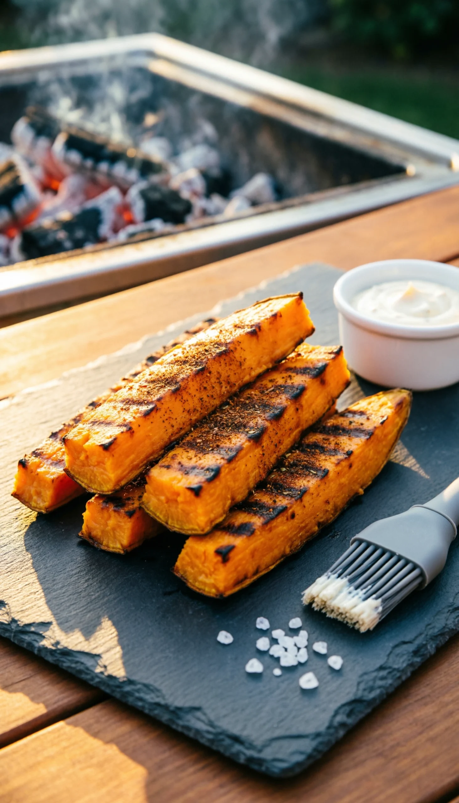 Grilled Sweet Potato Wedges With Charred Marks And Garlic Aioli Dip On A Dark Slate Board At A Backyard Cookout.