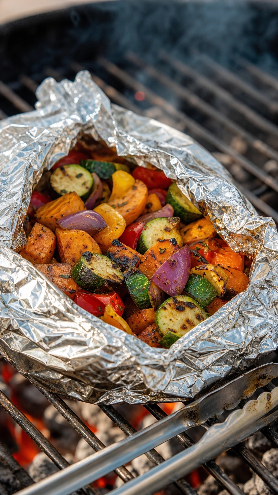 Grilled vegetable foil packet with sweet potatoes, zucchini, and peppers on a charcoal grill with light smoke.