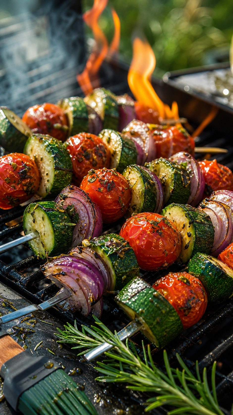 Grilled zucchini and tomato skewers with red onion and herb marinade sizzling over open flames on grill grates.