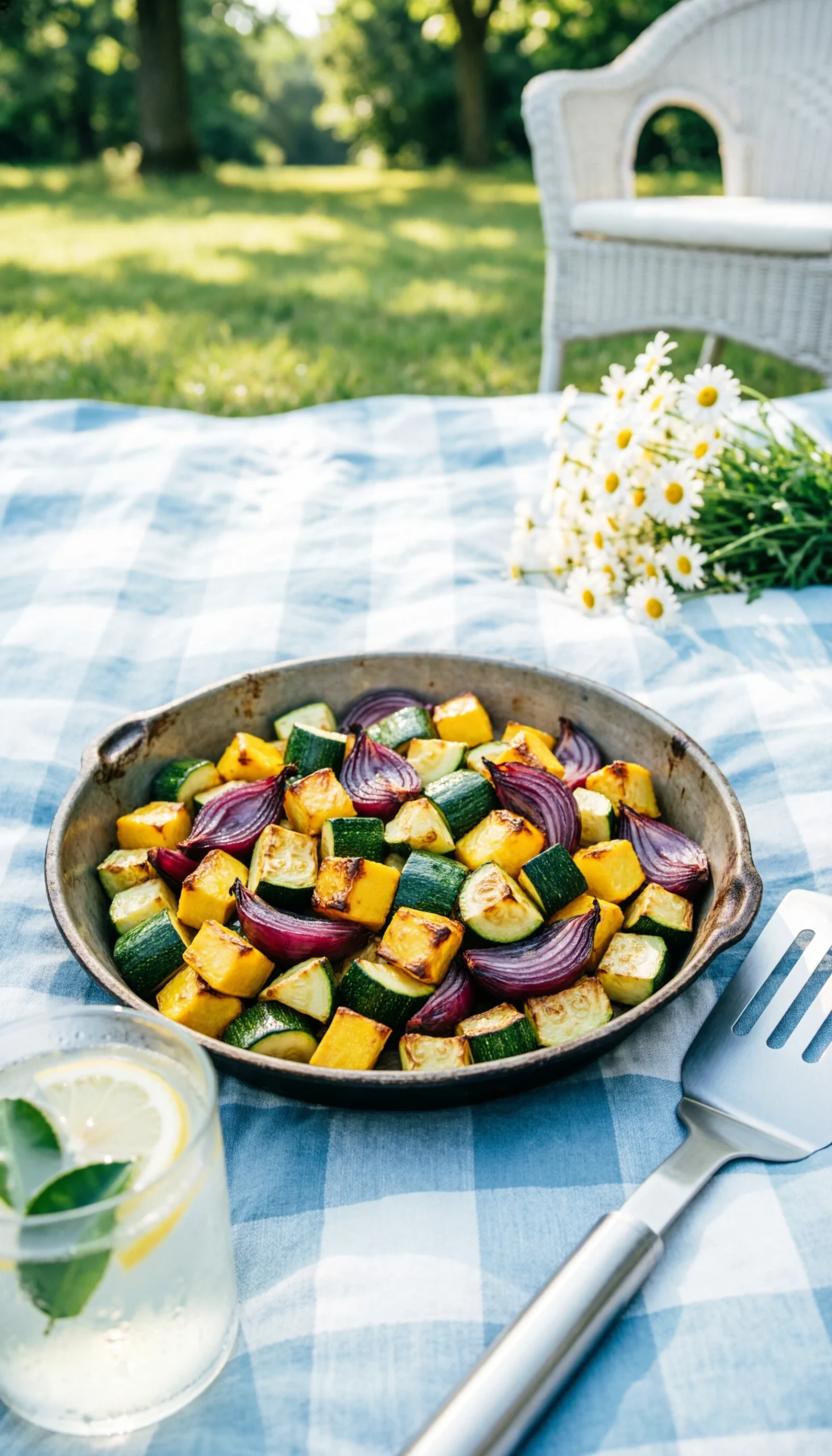 Grilled zucchini and yellow squash medley with red onion in a metal dish on a checkered picnic blanket outdoors.