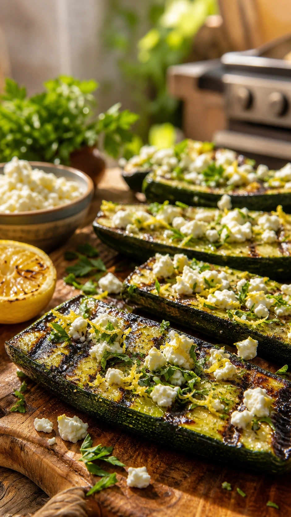 Grilled zucchini planks topped with crumbled feta cheese, lemon zest, and parsley on a rustic wooden serving board.