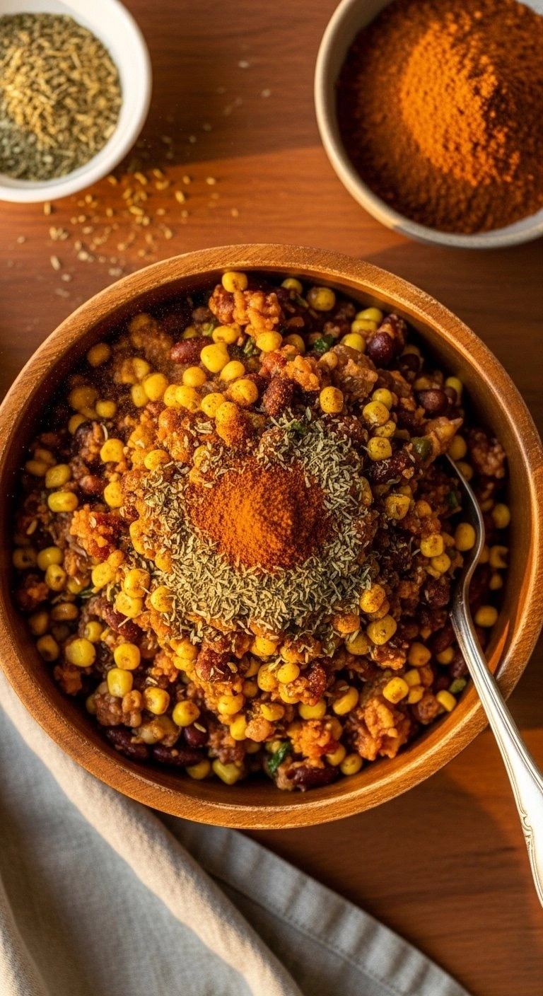 Ground Spices Coating A Colorful Southwest Bean And Corn Filling In A Rustic Wooden Bowl For A Homemade Recipe.