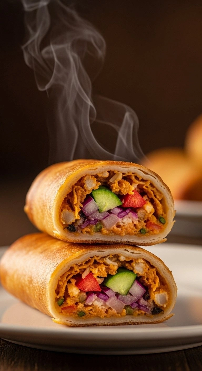 Halved Southwest Eggrolls Showing A Steaming Colorful Filling Of Chicken, Corn, And Beans On A Serving Plate.