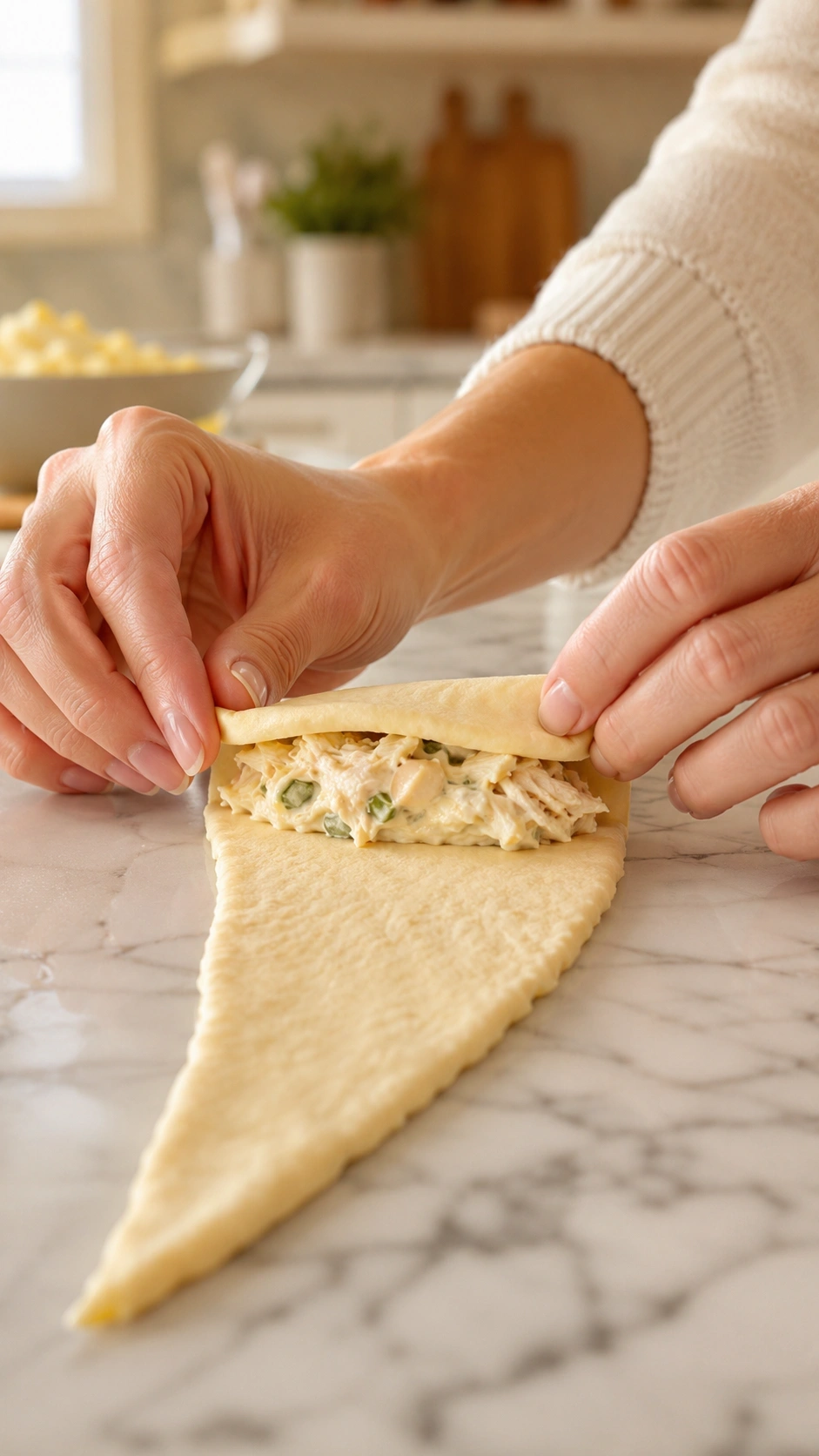 Hands carefully roll a crescent dough triangle filled with creamy chicken mixture on a marble countertop in a blurred kitchen.